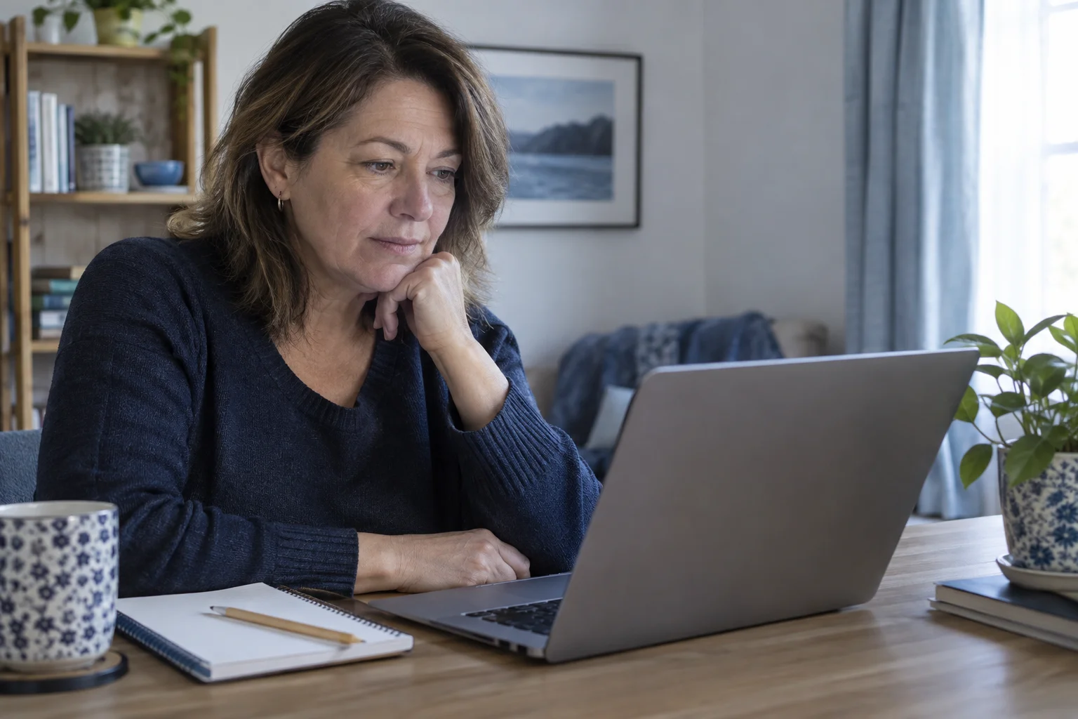 Illustrative scene of a woman exploring information on her laptop